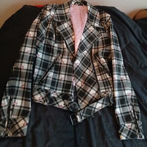 Blackmilk Black & White Plaid Biker Jacket with Pink Lining